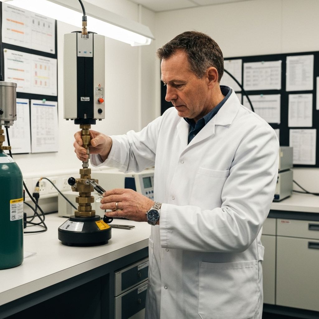Technician testing a high-pressure cylinder in a certified lab